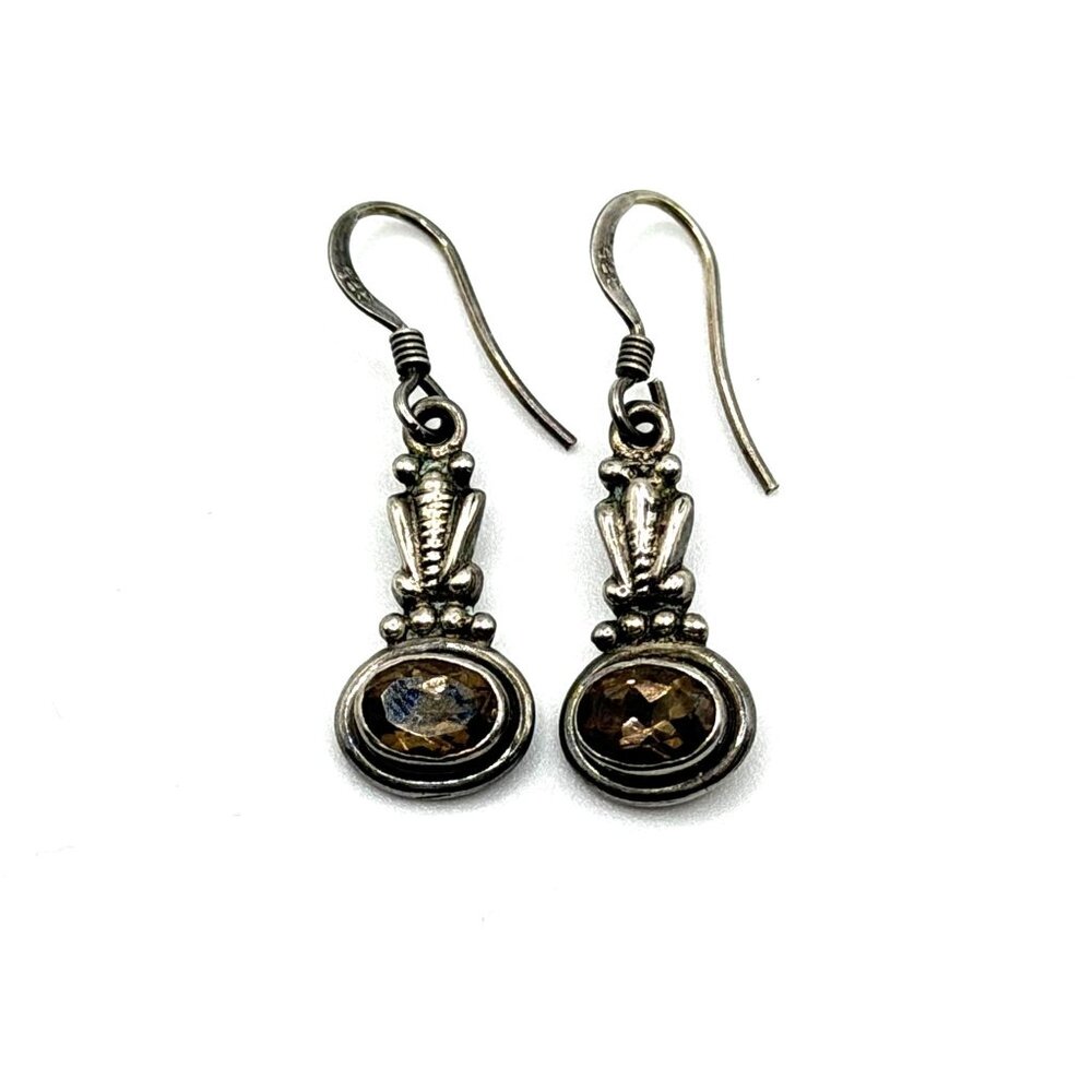 925 Sterling Silver Smoky Quartz Dangle Earrings Handmade Oval Gemstone Vintage